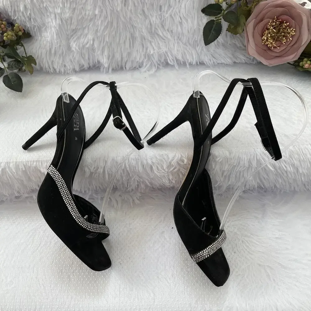 ZARA Black Rhinestone Square Toe Slingback Stiletto Heels EU 39 Women’s - Picture 7 of 8